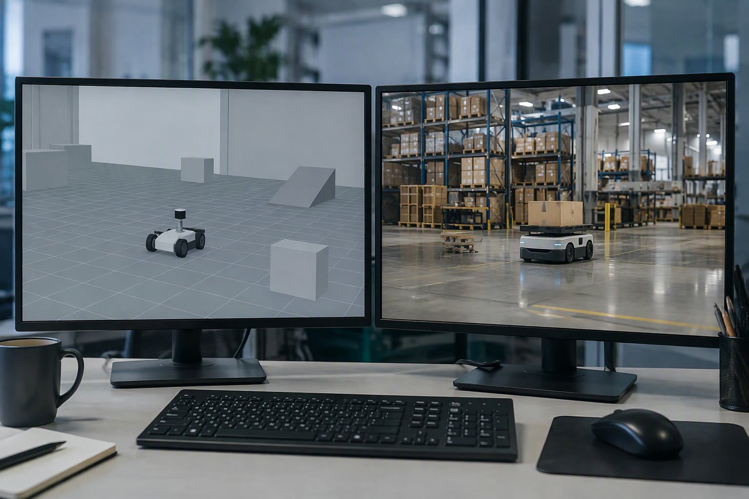 Two monitors showing robot simulation environments on a workstation