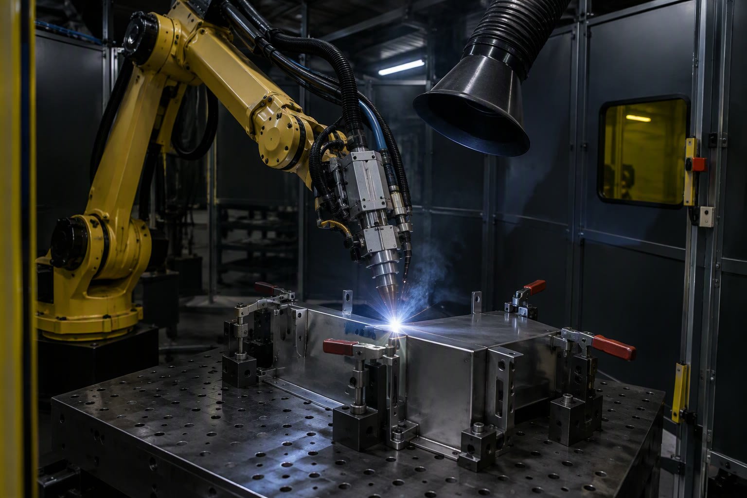 Robot holding a laser welding head over a clamped stainless steel assembly