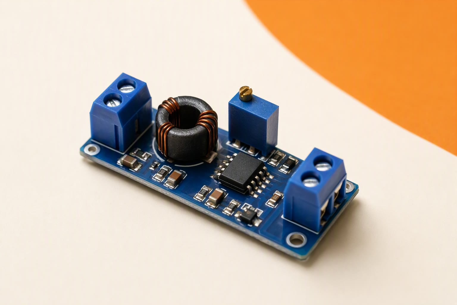 LM2596 buck converter module on a bench with a multimeter reading 5 V