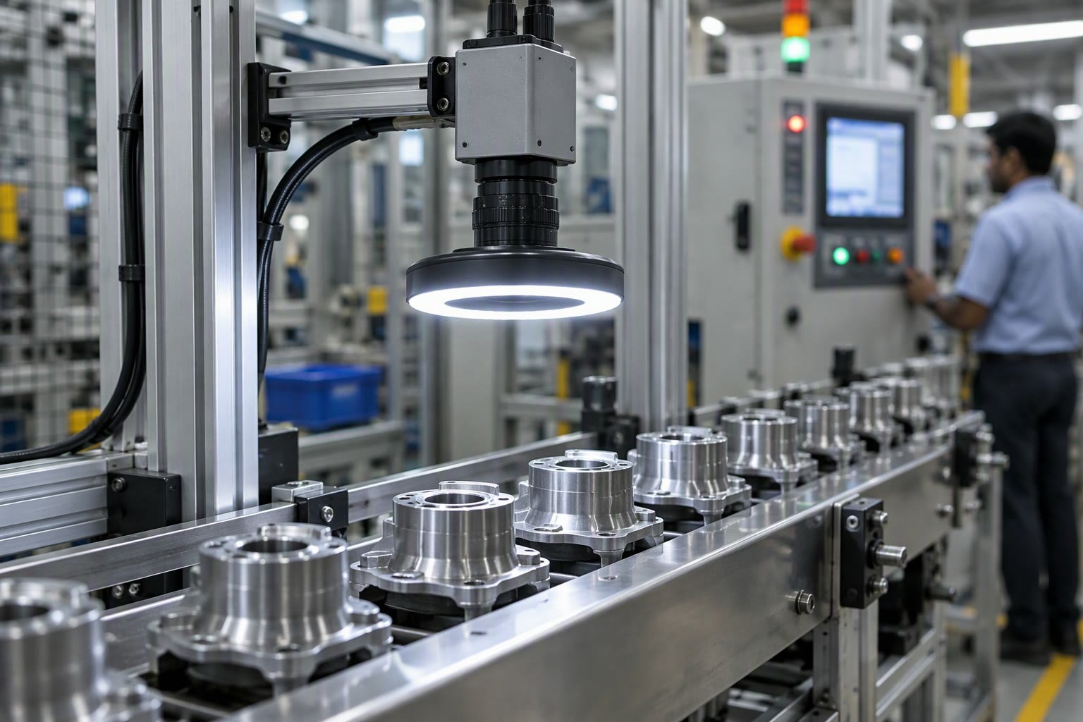 Industrial camera and ring light inspecting machined metal parts on a conveyor