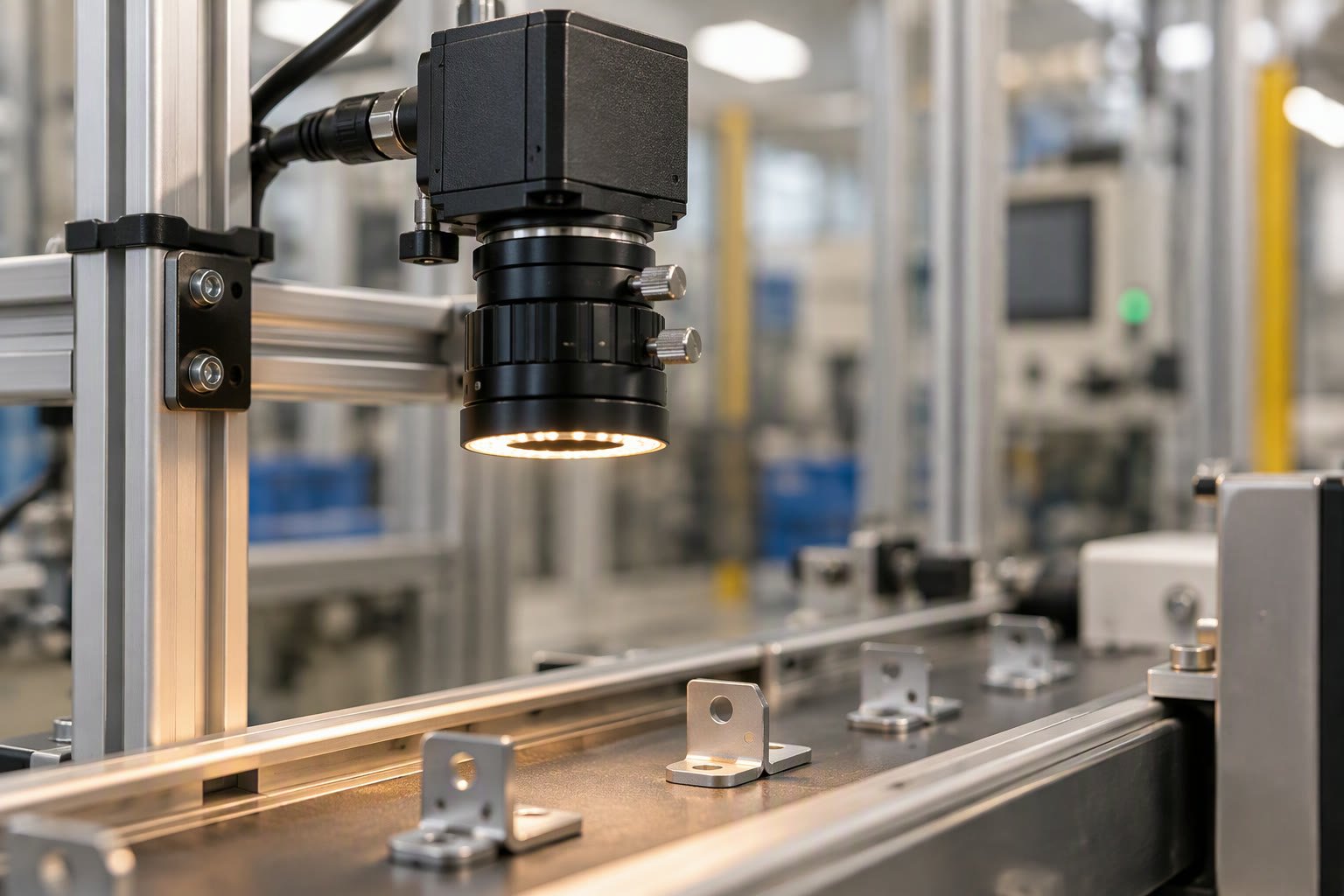 Industrial camera with a C-mount lens mounted above a conveyor