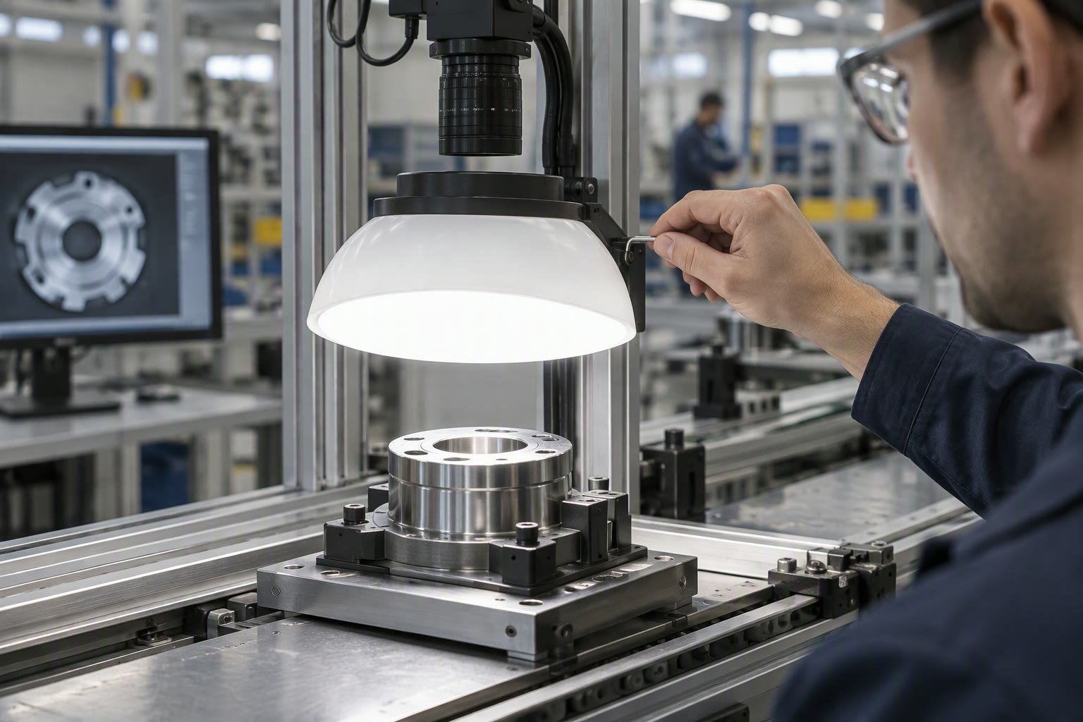 Dome light over a machined part at a machine vision inspection station