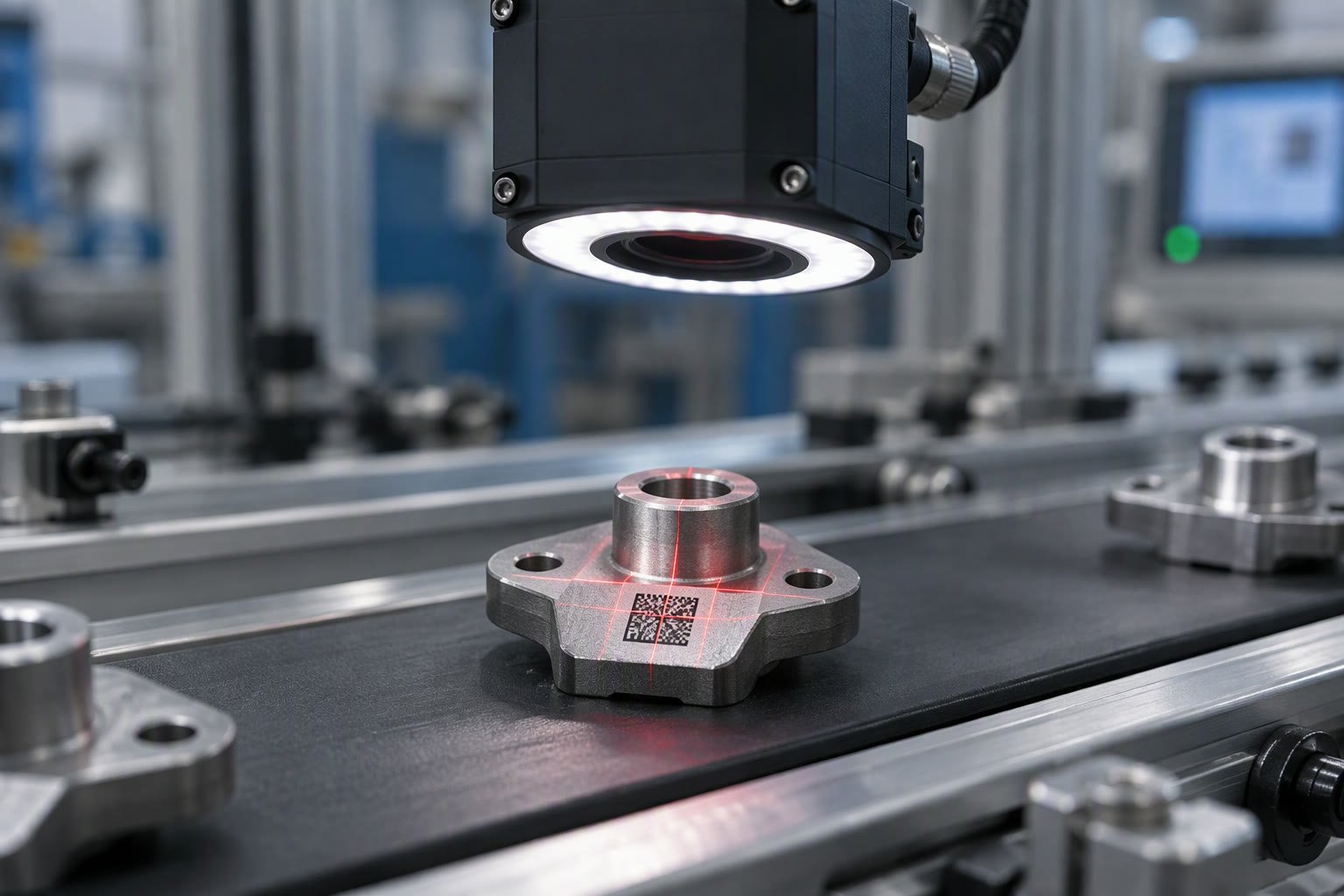 Fixed 2D code reader inspecting a laser-marked code on a metal part