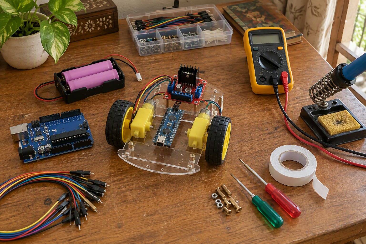 Robotics workbench with an Arduino chassis, motors, battery holder, multimeter and soldering iron