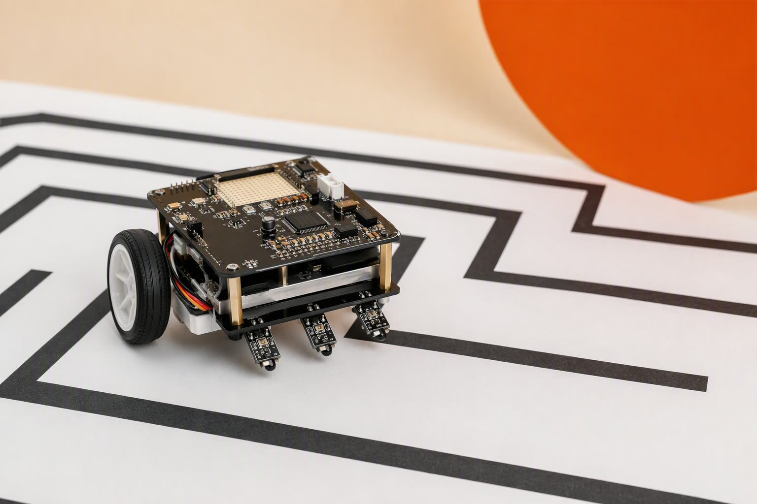 Small two-wheel Arduino robot with three IR sensors driving on a paper maze