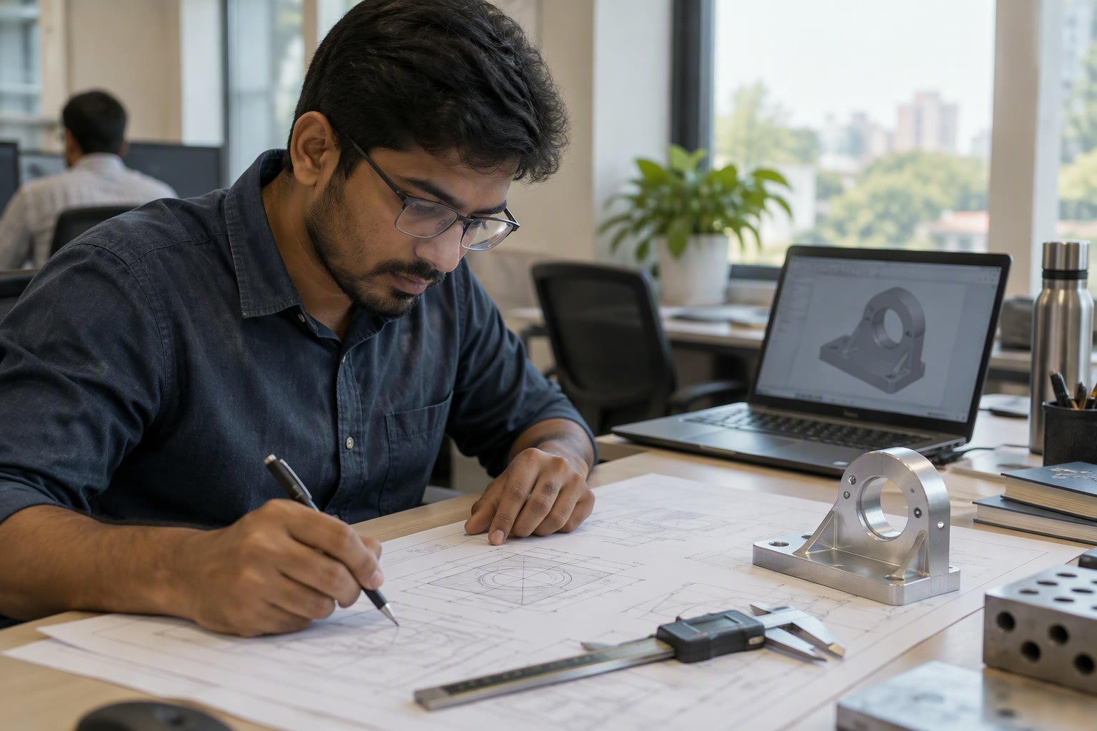 Mechanical engineer reviewing a technical drawing with calipers and a machined bracket