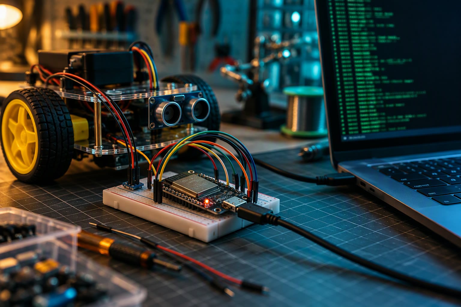 ESP32 board connected to a laptop running a ROS 2 terminal