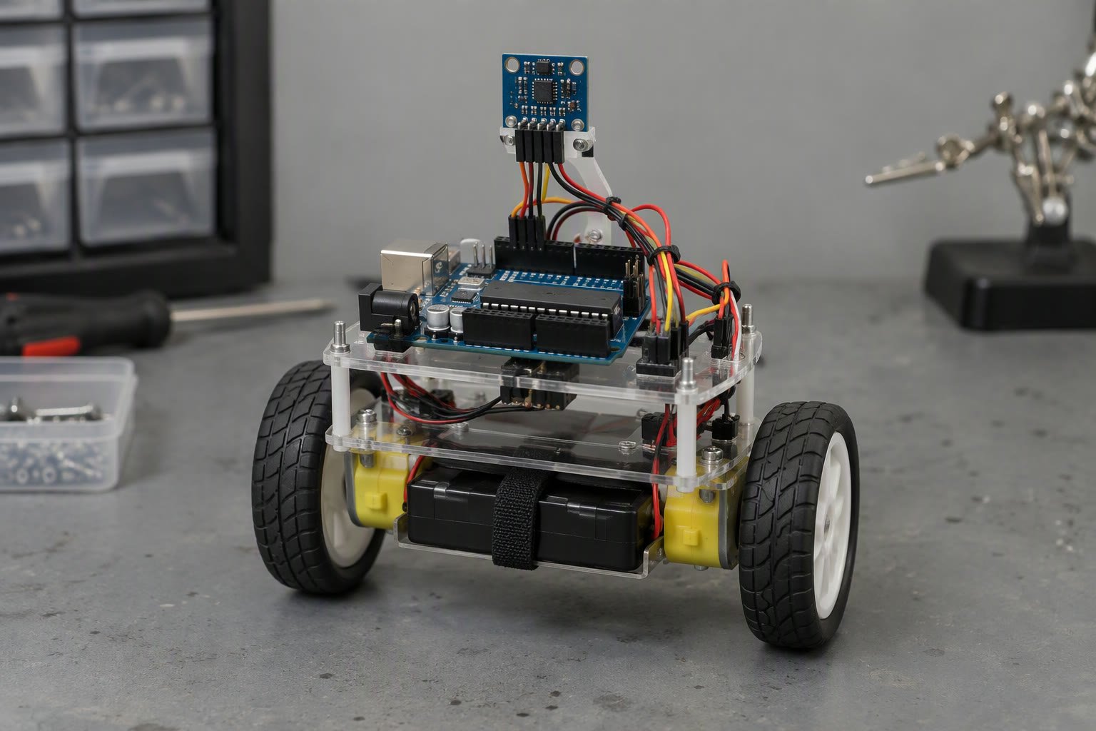 Two-wheel balancing robot with Arduino board and MPU6050 sensor on a workbench