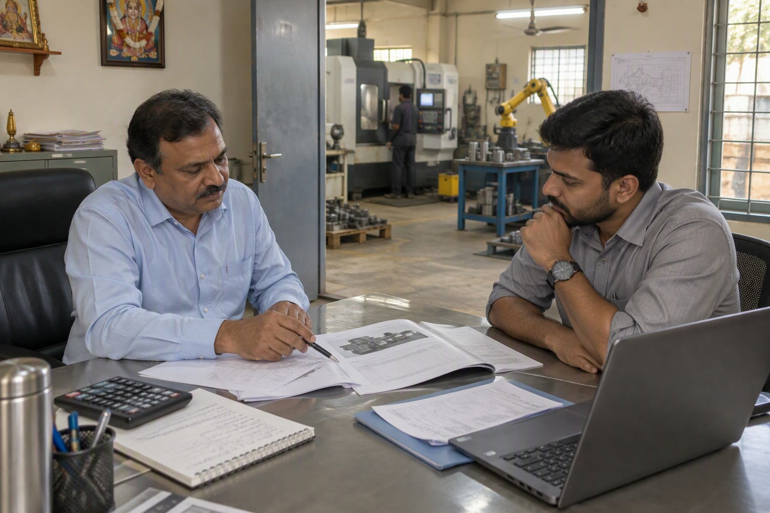 Small factory owner reviewing machinery documents with an engineer