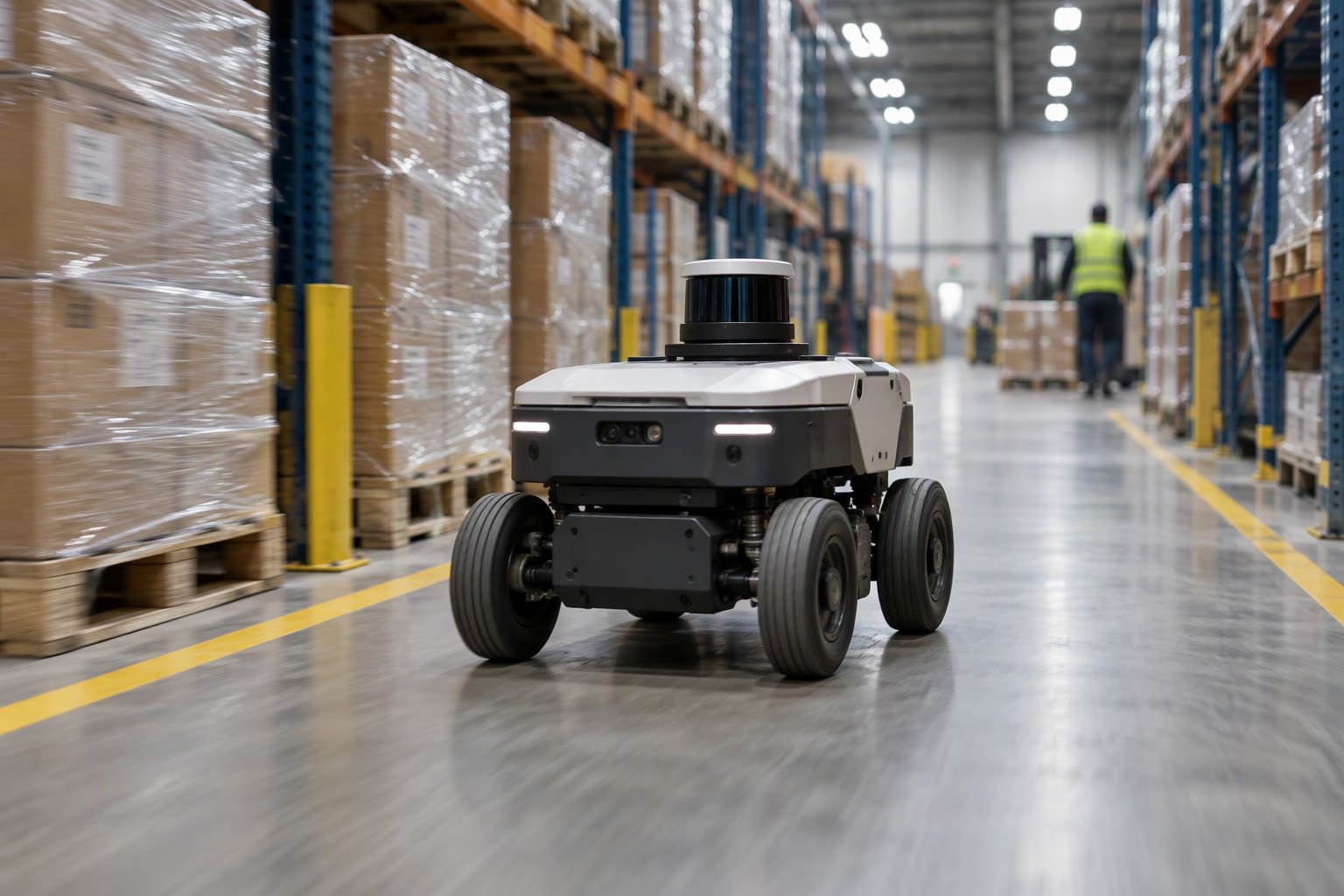 Mobile robot with a lidar navigating a warehouse aisle between pallets