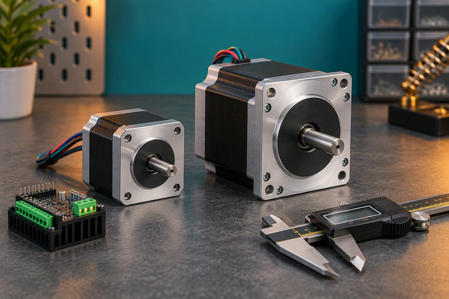 NEMA 17 and NEMA 23 stepper motors side by side with drivers