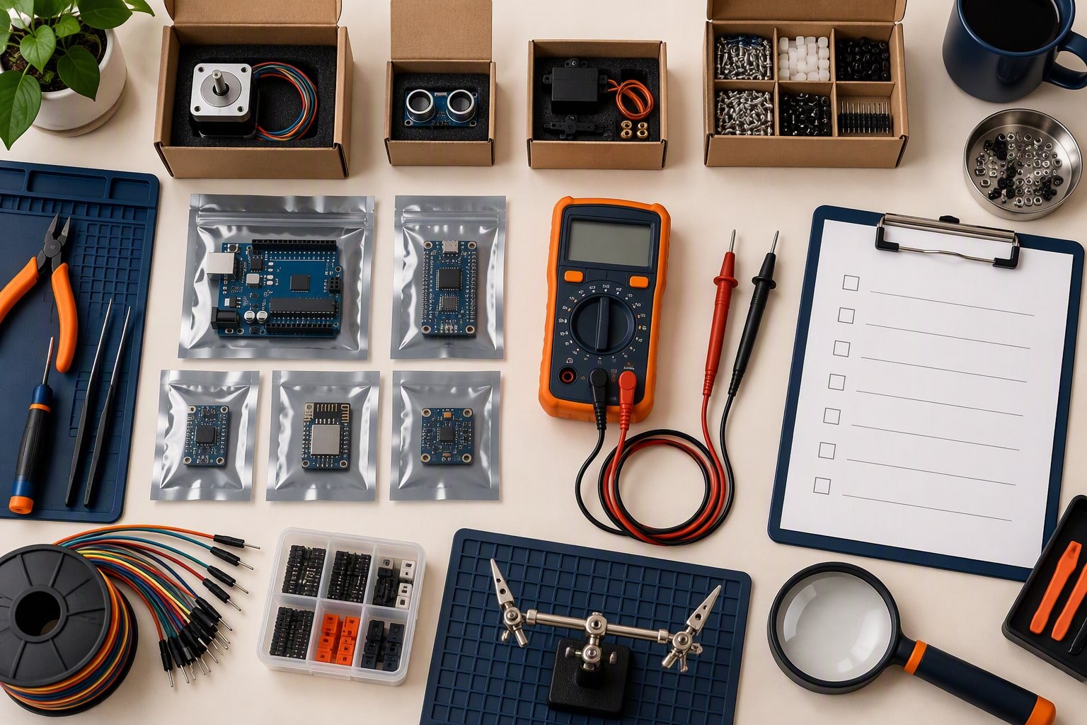 Electronics parts, modules and a multimeter on a shop counter