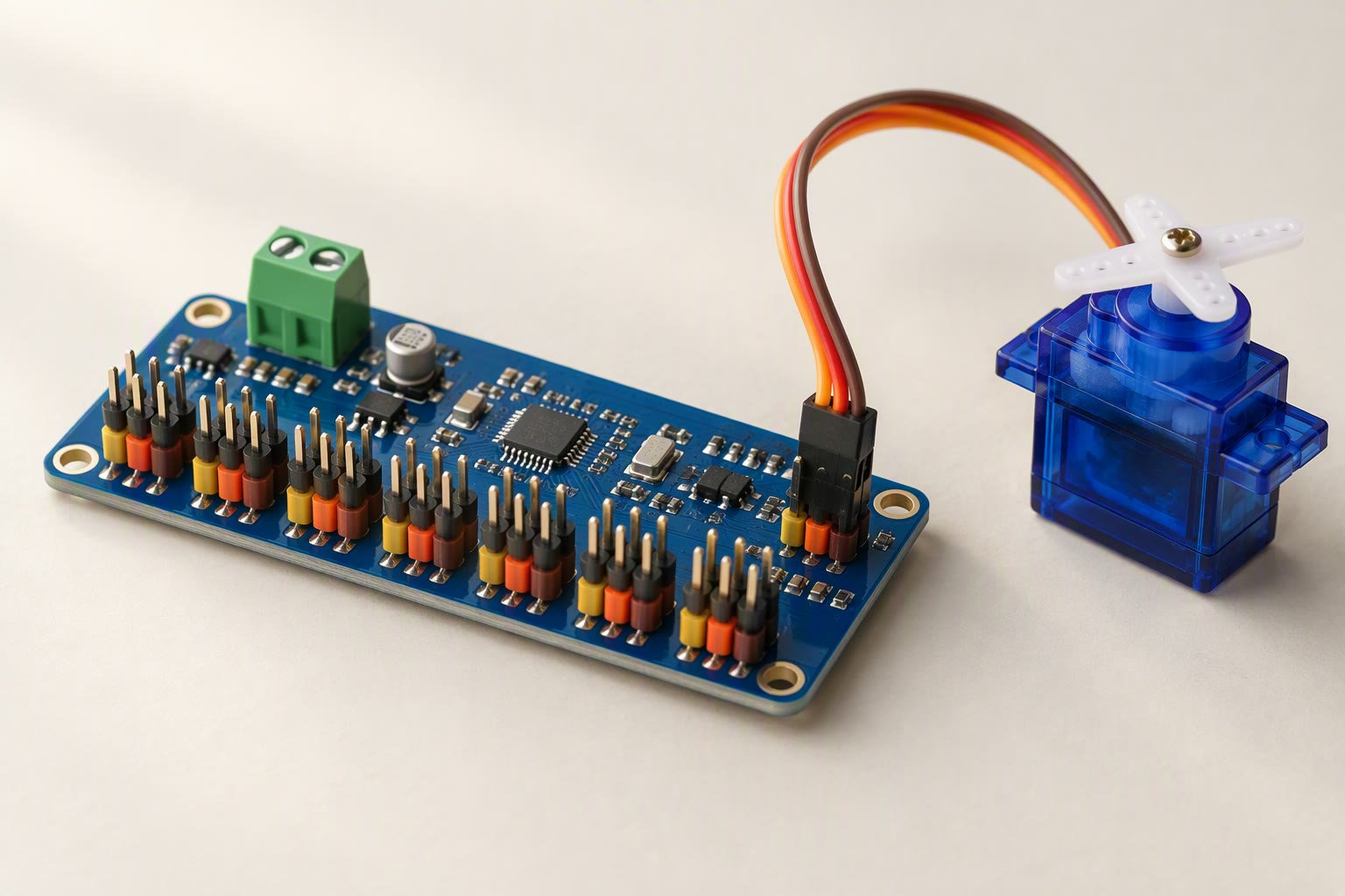 PCA9685 16-channel servo driver board with screw terminal and a connected hobby servo on an off-white studio surface
