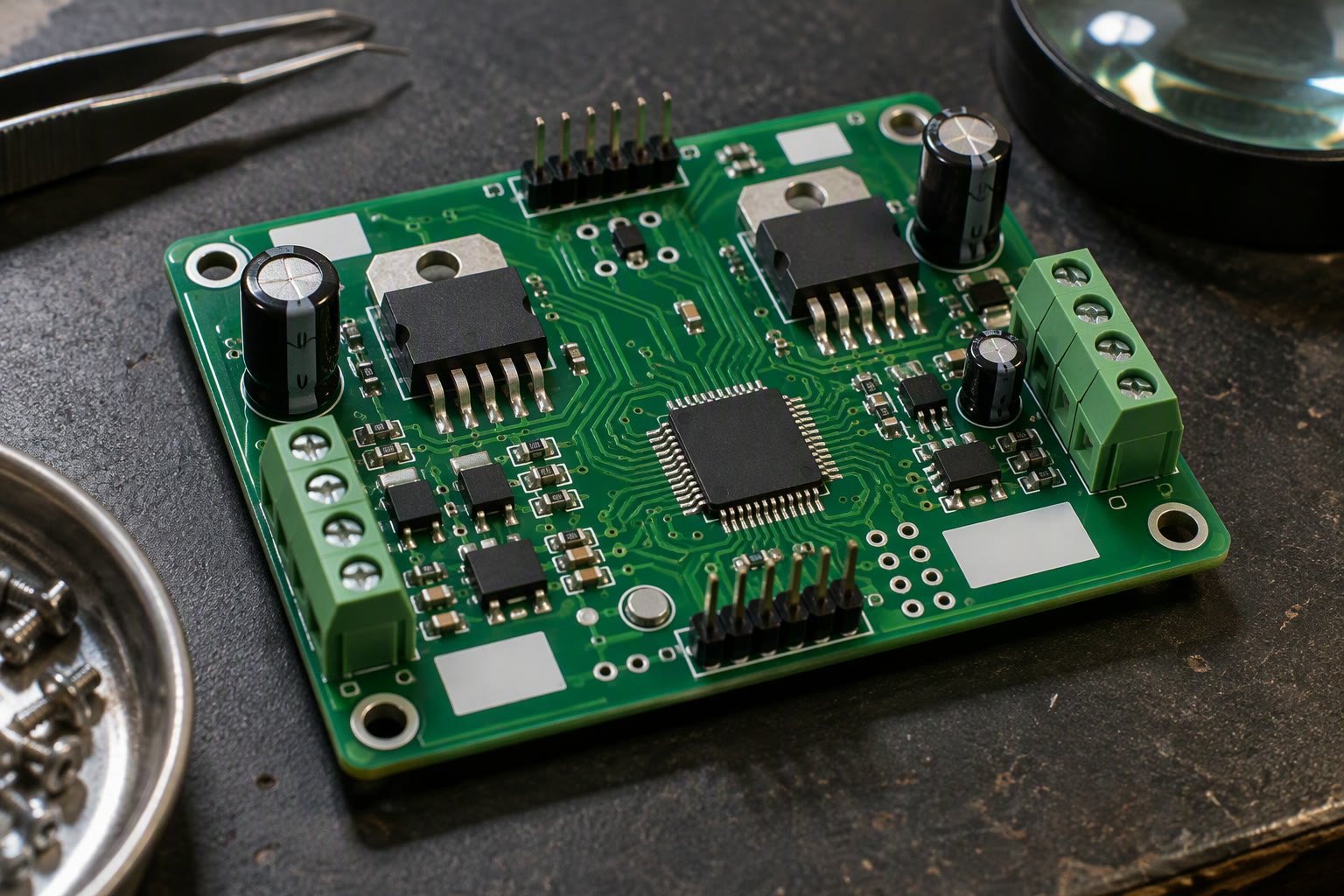 Two-layer robot controller PCB with motor drivers, connectors and mounting holes