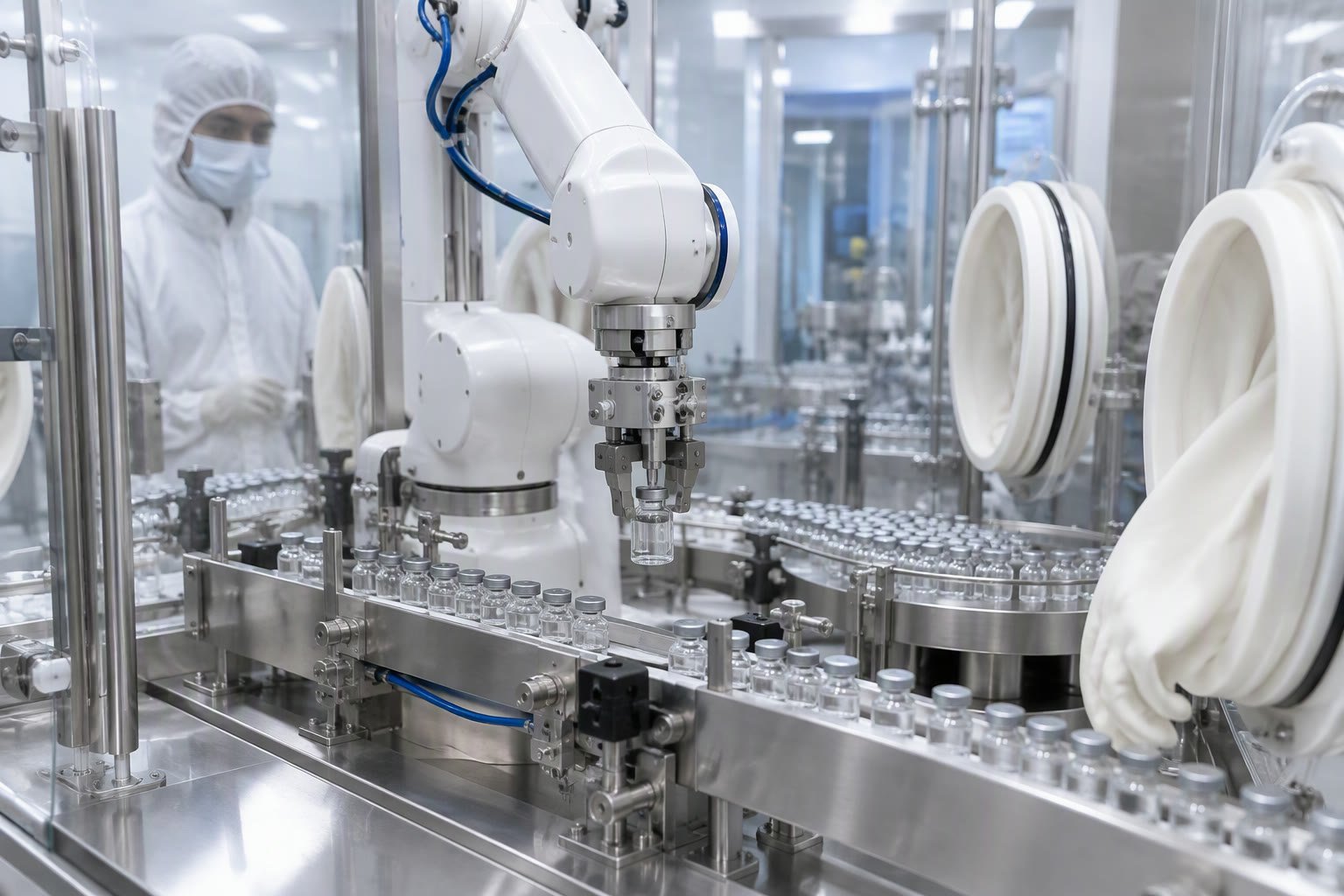 Robot handling vials inside a pharmaceutical cleanroom isolator