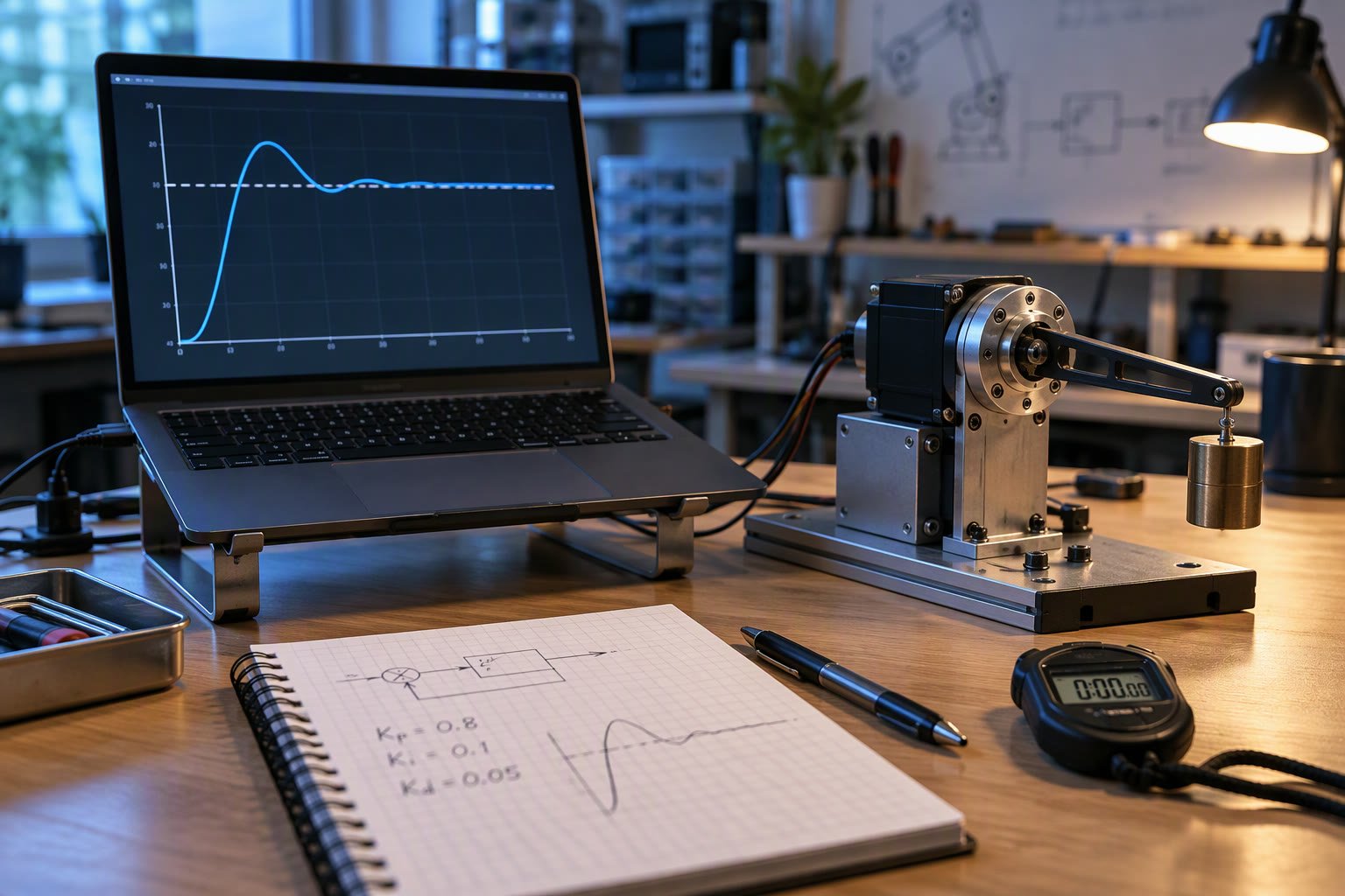 Laptop showing a step response plot beside a single-joint servo test rig with a weight