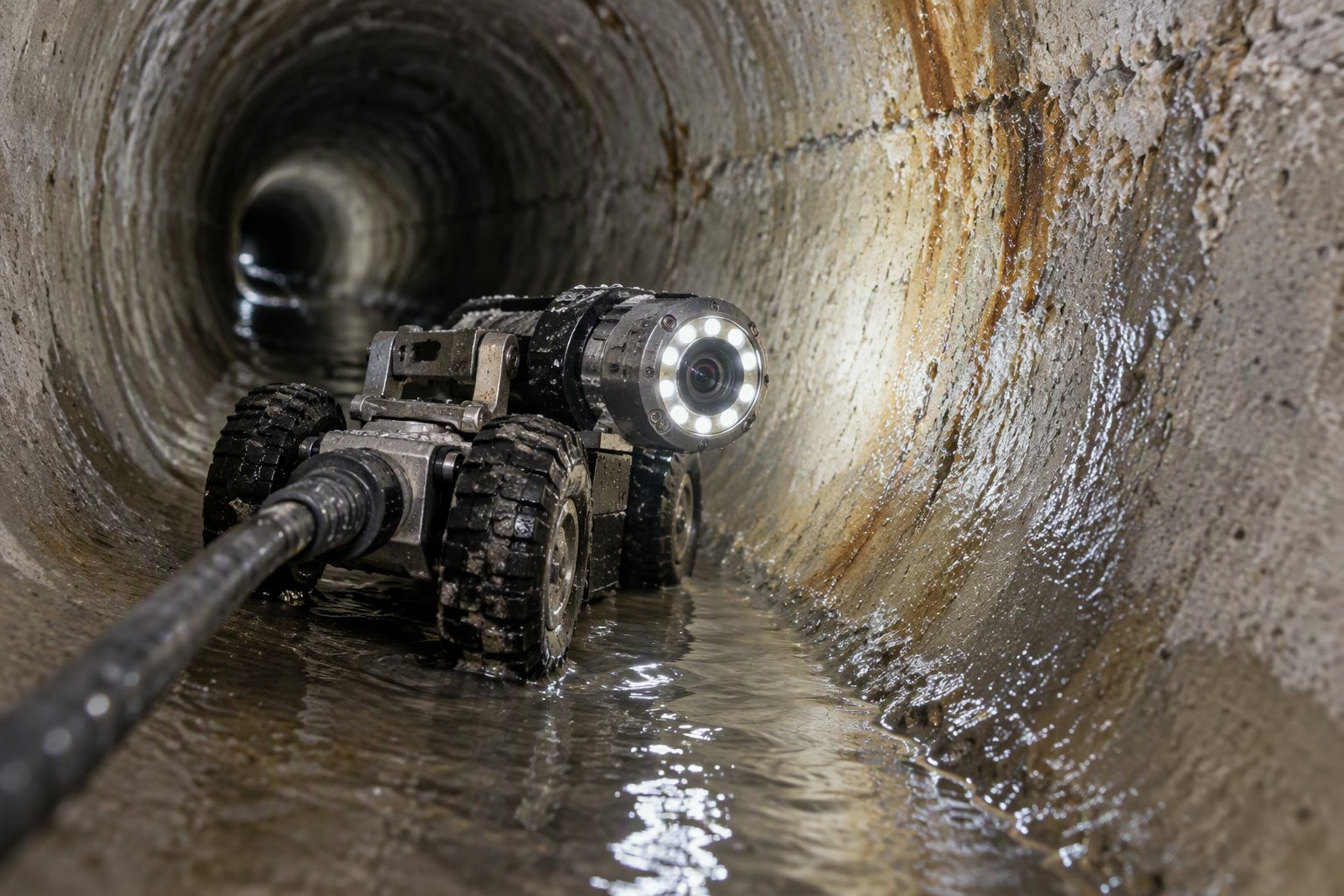 Wheeled CCTV pipe inspection crawler lighting a concrete sewer pipe