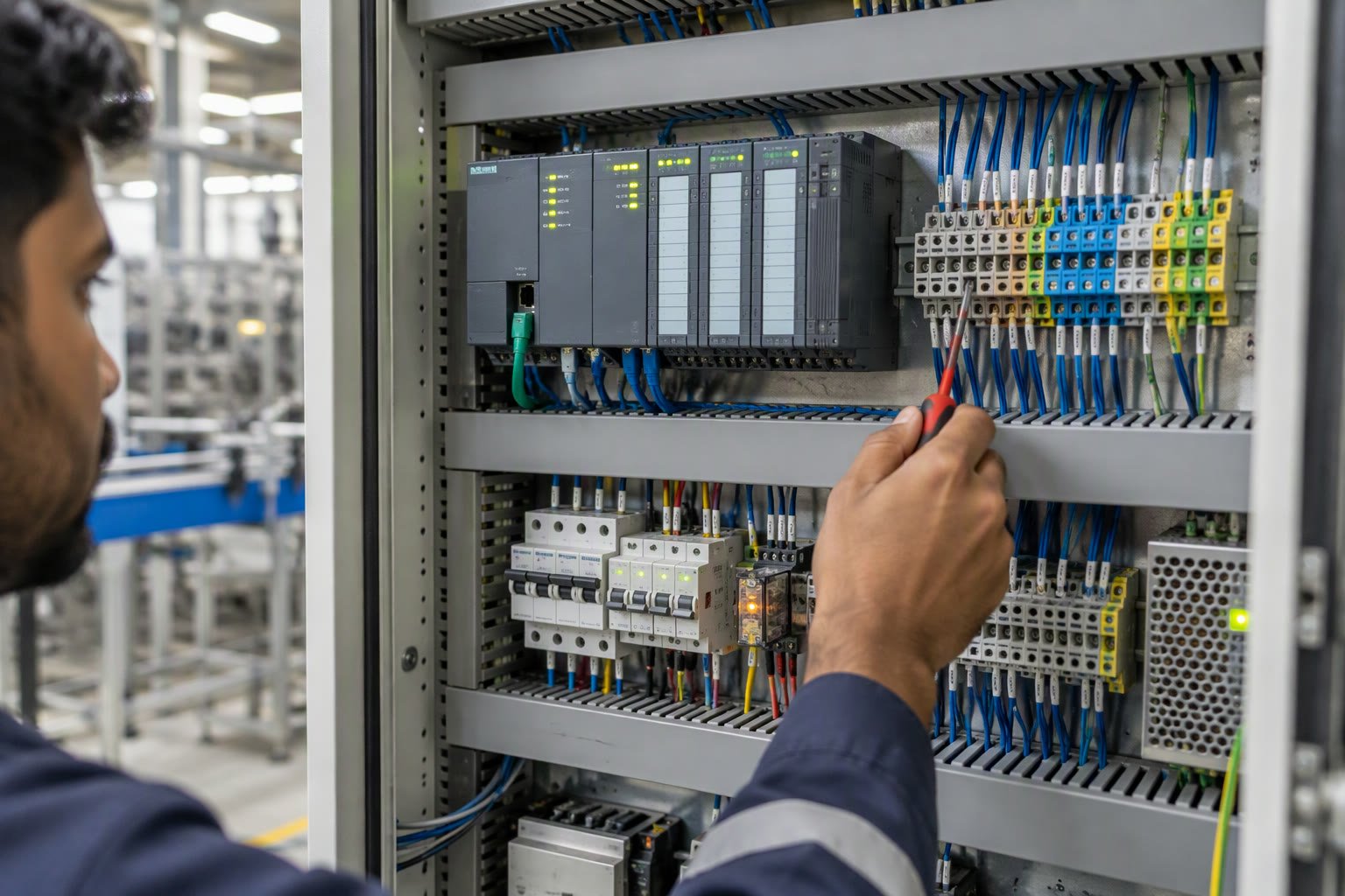 Open PLC control cabinet with DIN rail modules and tidy wiring