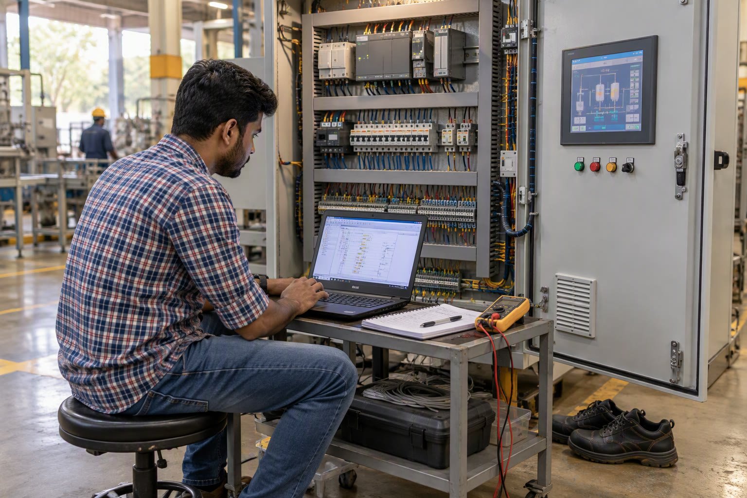 PLC programmer at a control panel with a laptop and wiring