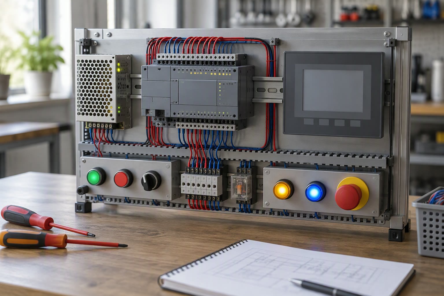 PLC trainer kit with switches, lamps and a small HMI on an industrial workbench