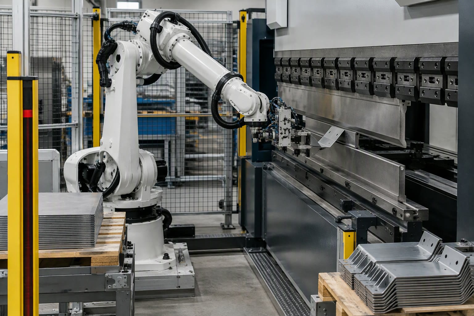 Robot gripper holding a formed steel bracket at a press brake