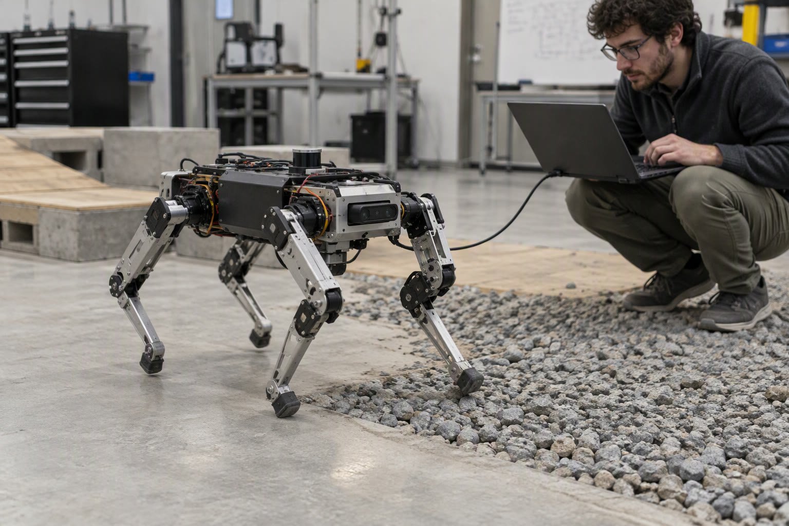 Small four-legged robot walking on concrete and gravel in an engineering lab
