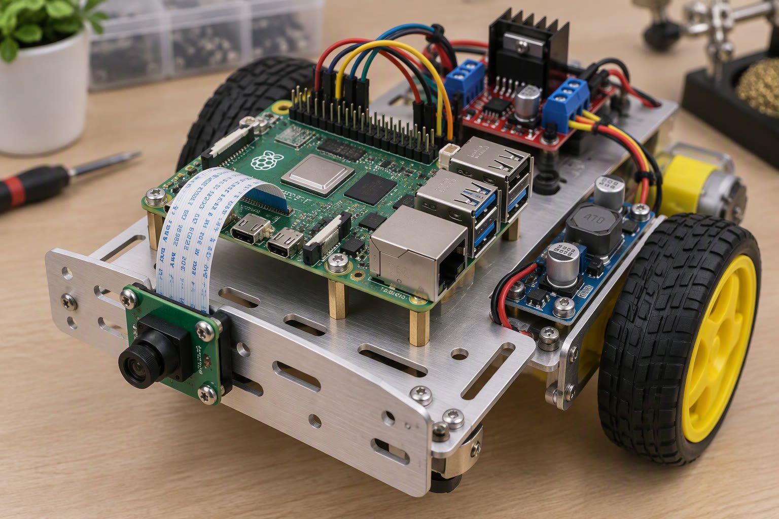 Raspberry Pi 5 mounted on a robot chassis with a camera cable and motor driver wiring