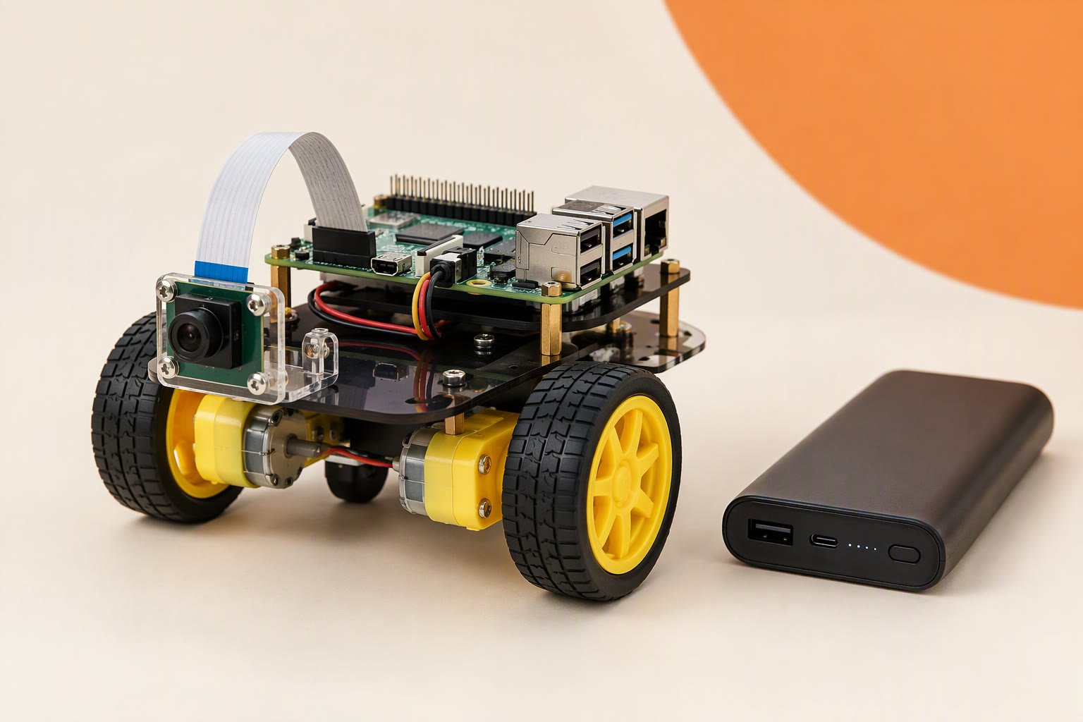 Raspberry Pi with a camera module and an Arduino connected over USB on a robot chassis