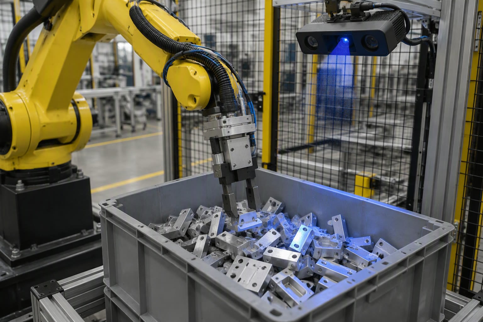Robot arm picking metal parts from a bin using a 3D camera