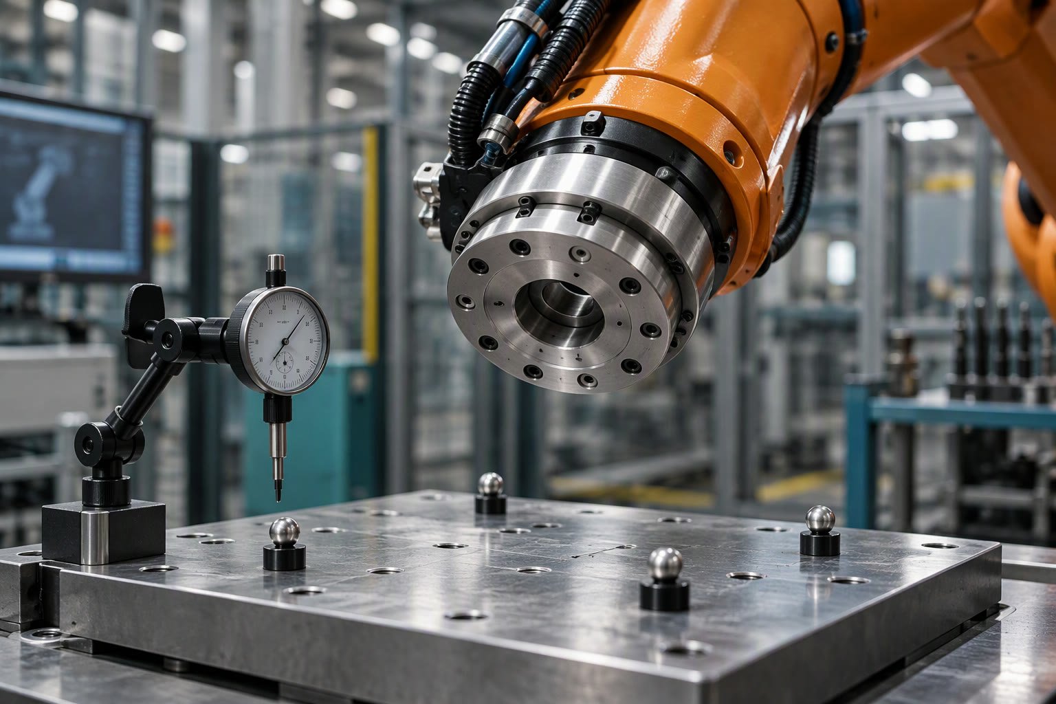 Robot arm reaching a calibration target with measurement markers