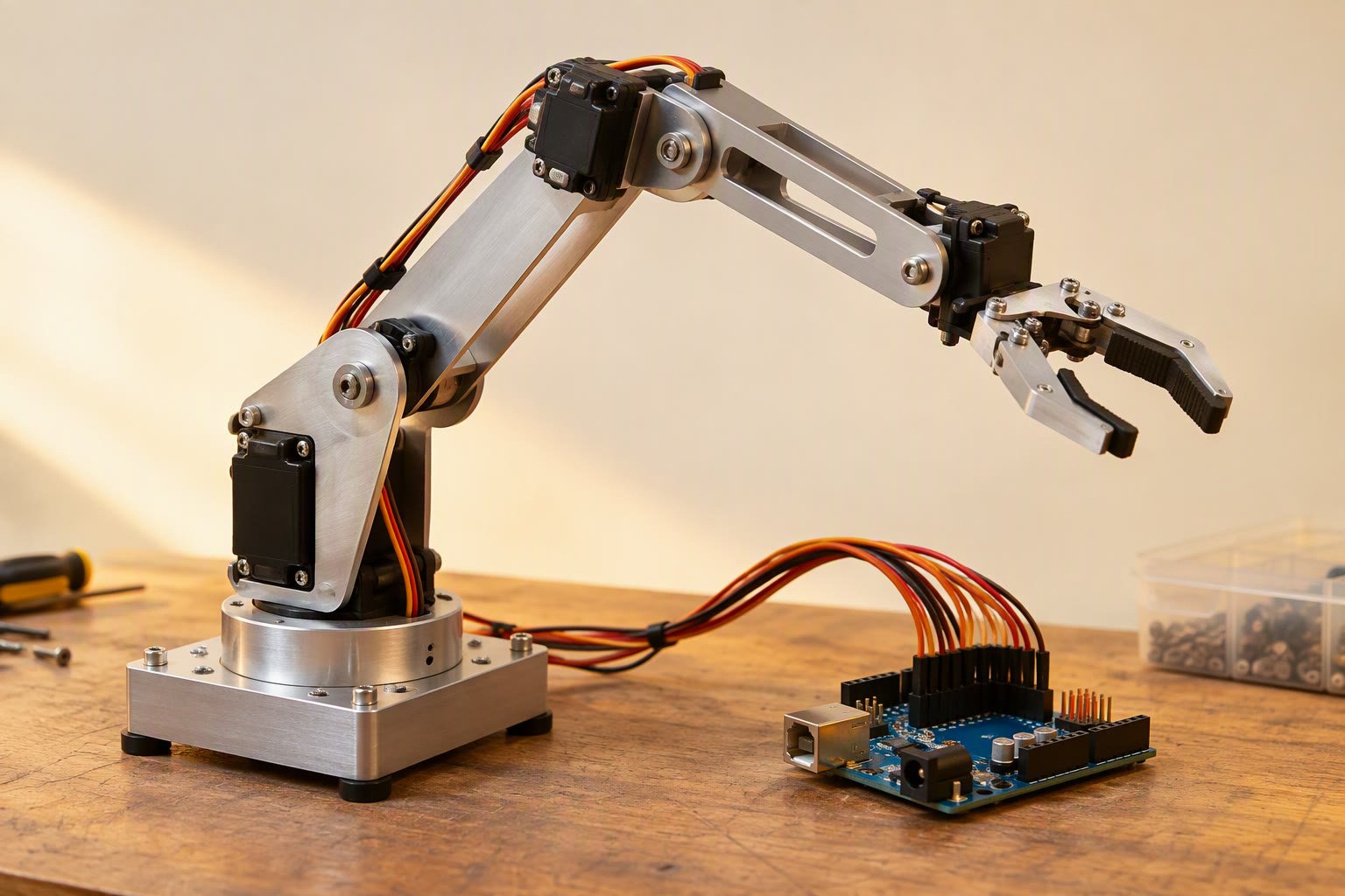 Small four-axis hobby robot arm on a wooden workbench