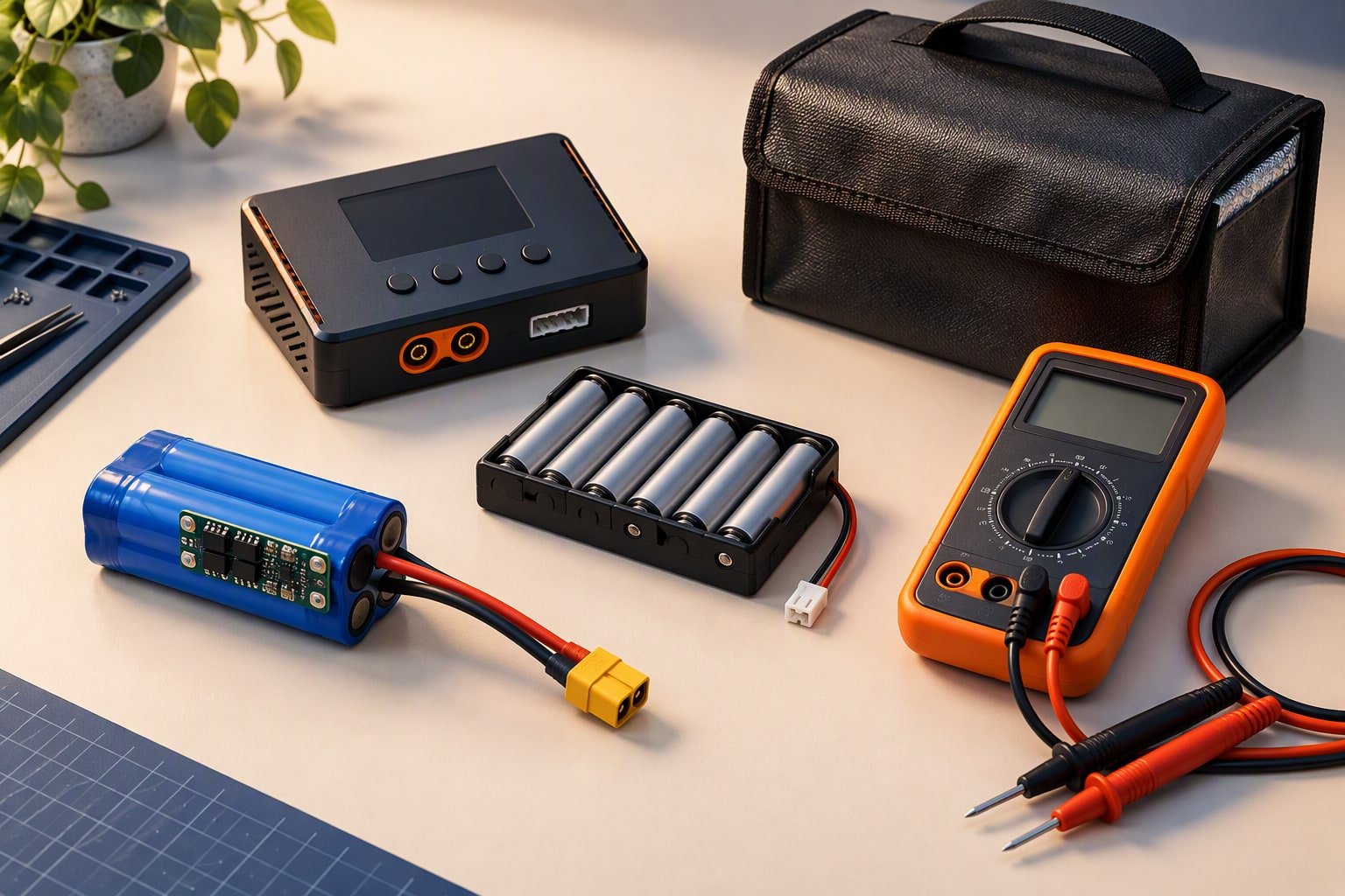 Battery pack, buck converter and motor driver wired on a robot chassis