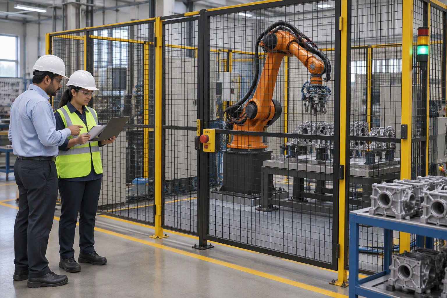 AI illustration of engineers reviewing an acceptance checklist outside a guarded robot cell