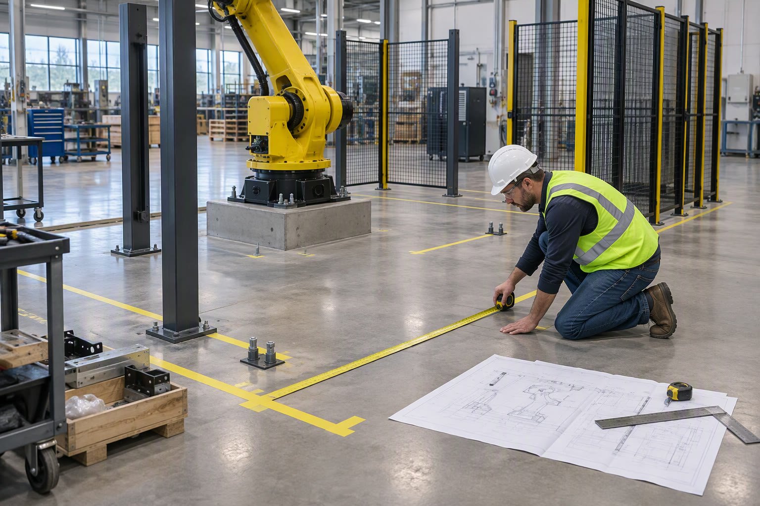 Engineer marking robot cell layout on the floor with tape and a drawing
