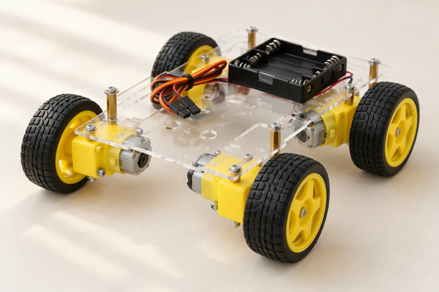 Clear acrylic four-wheel robot chassis with yellow gearmotors and a battery holder