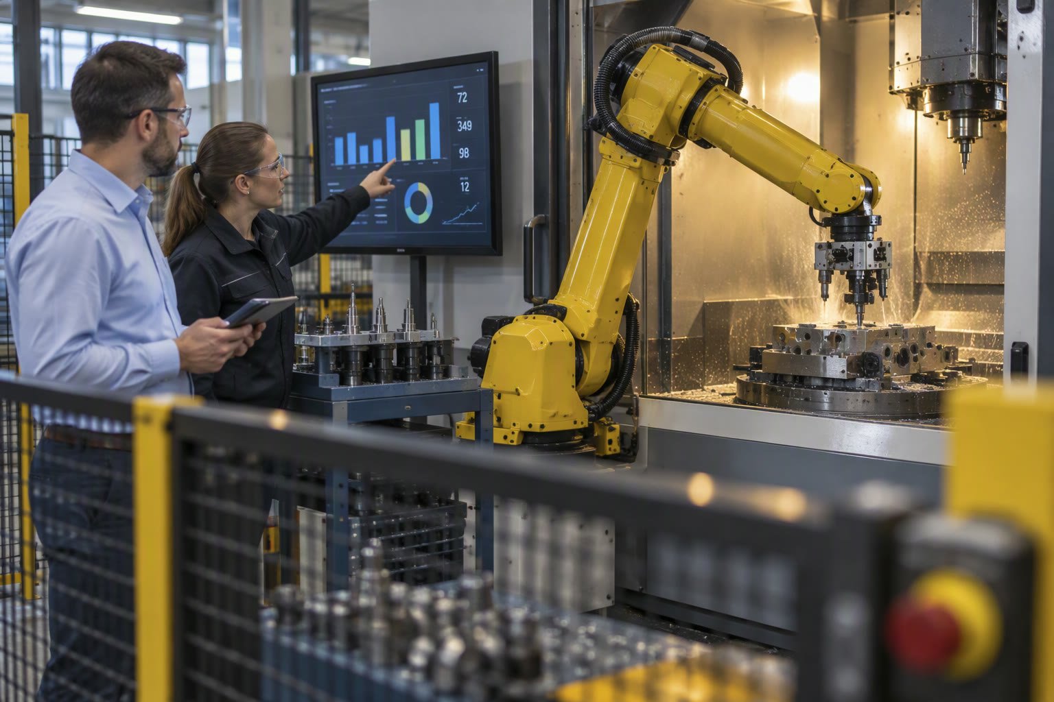 Engineer reviewing robot running costs on a tablet beside a robot cell