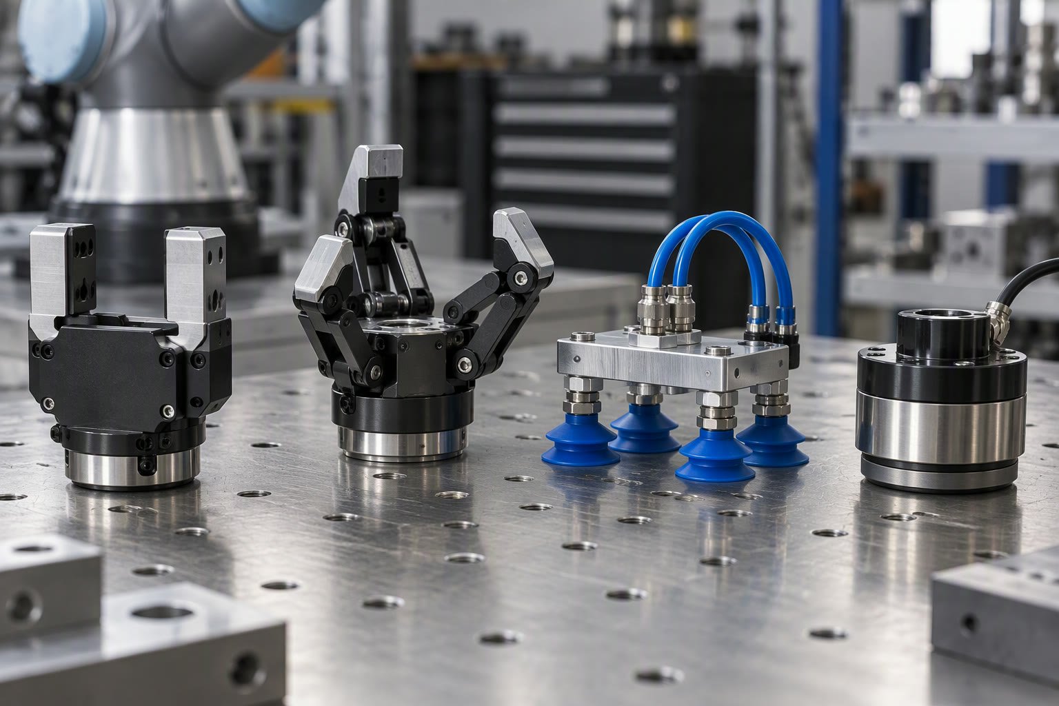 Several robot end effectors arranged on a metal workbench