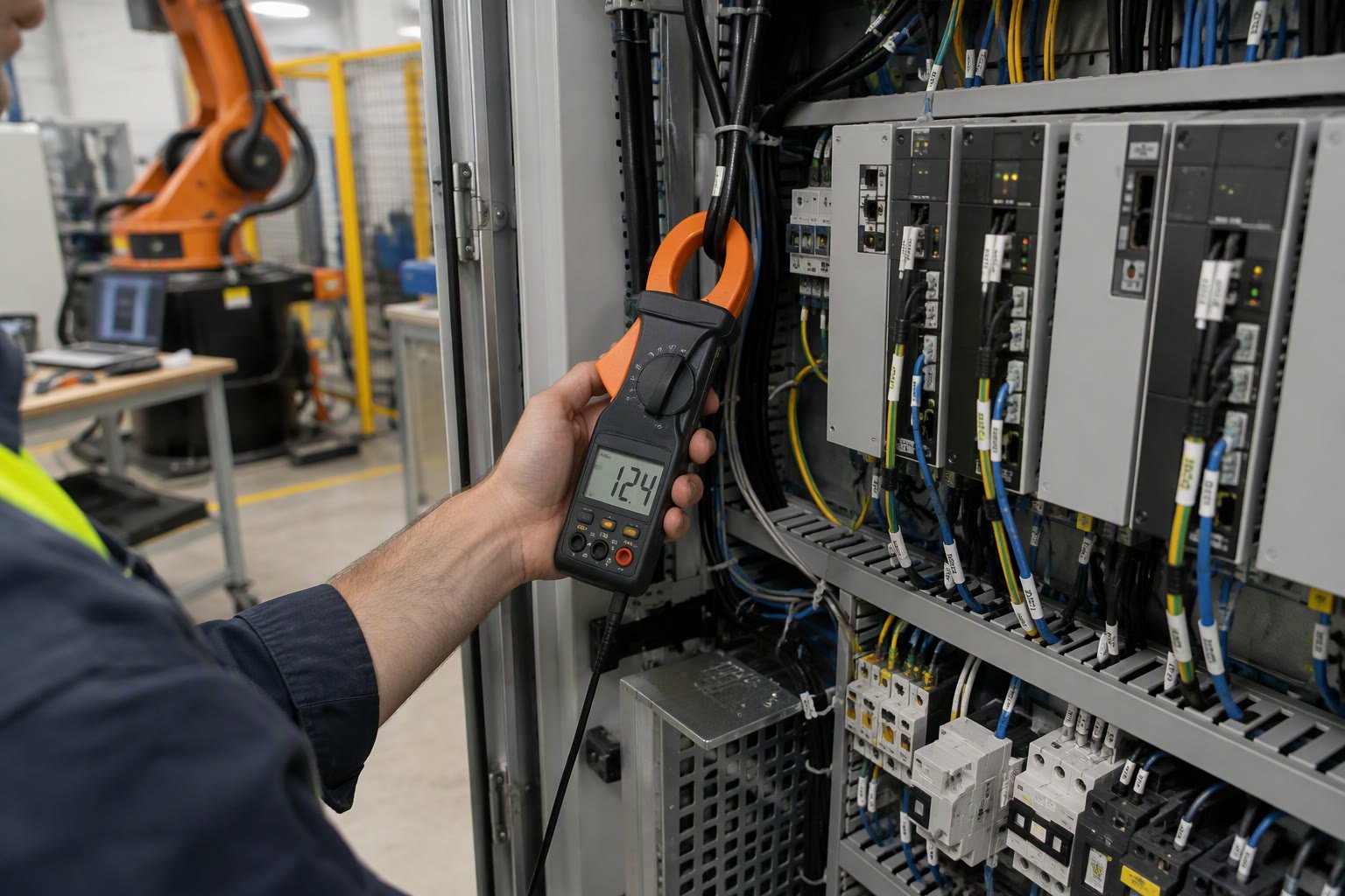 Clamp meter measuring current in a robot control cabinet