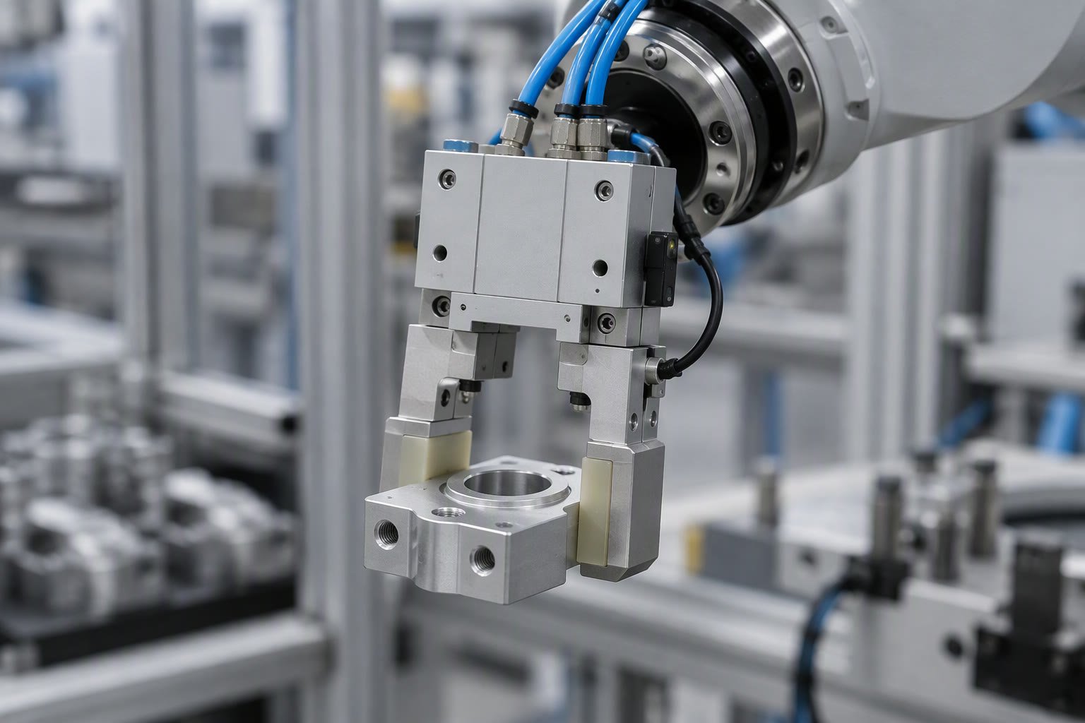 Two-finger pneumatic robot gripper holding a machined metal part