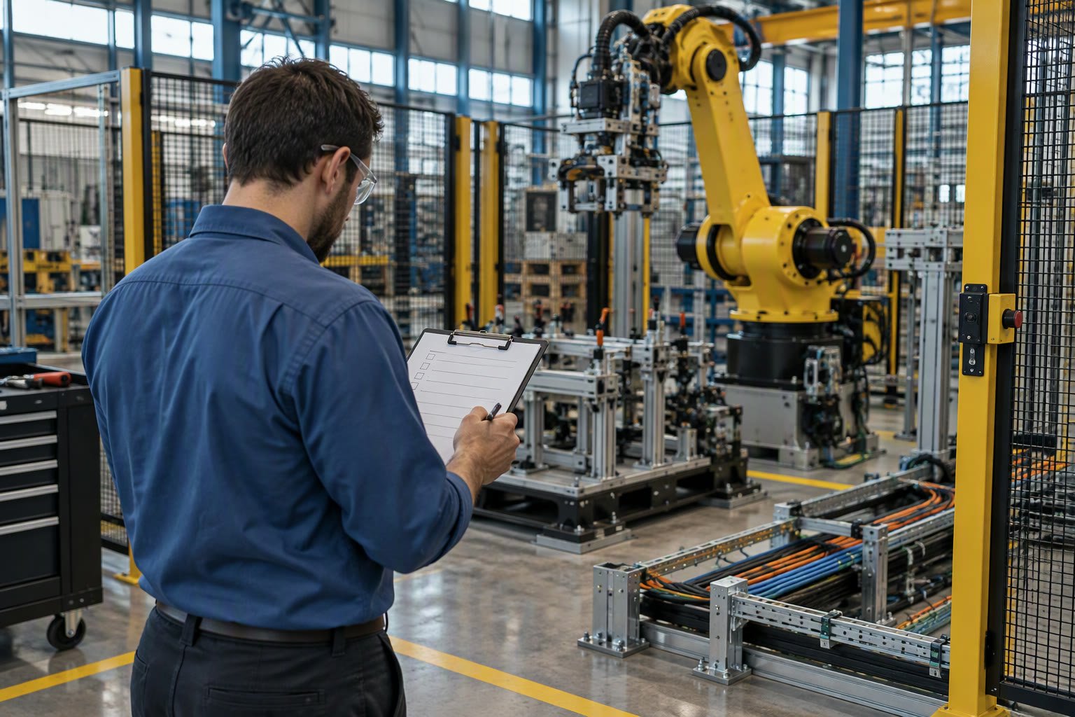 Engineer working through an integration checklist beside a robot cell