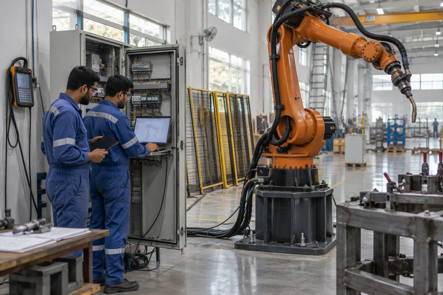 Robotic welding cell under assembly with fencing and a teach pendant