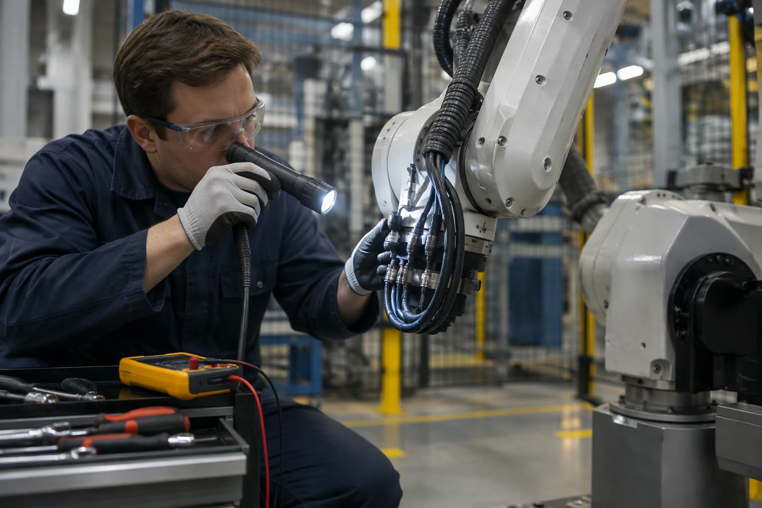 Technician inspecting a robot wrist cable during maintenance