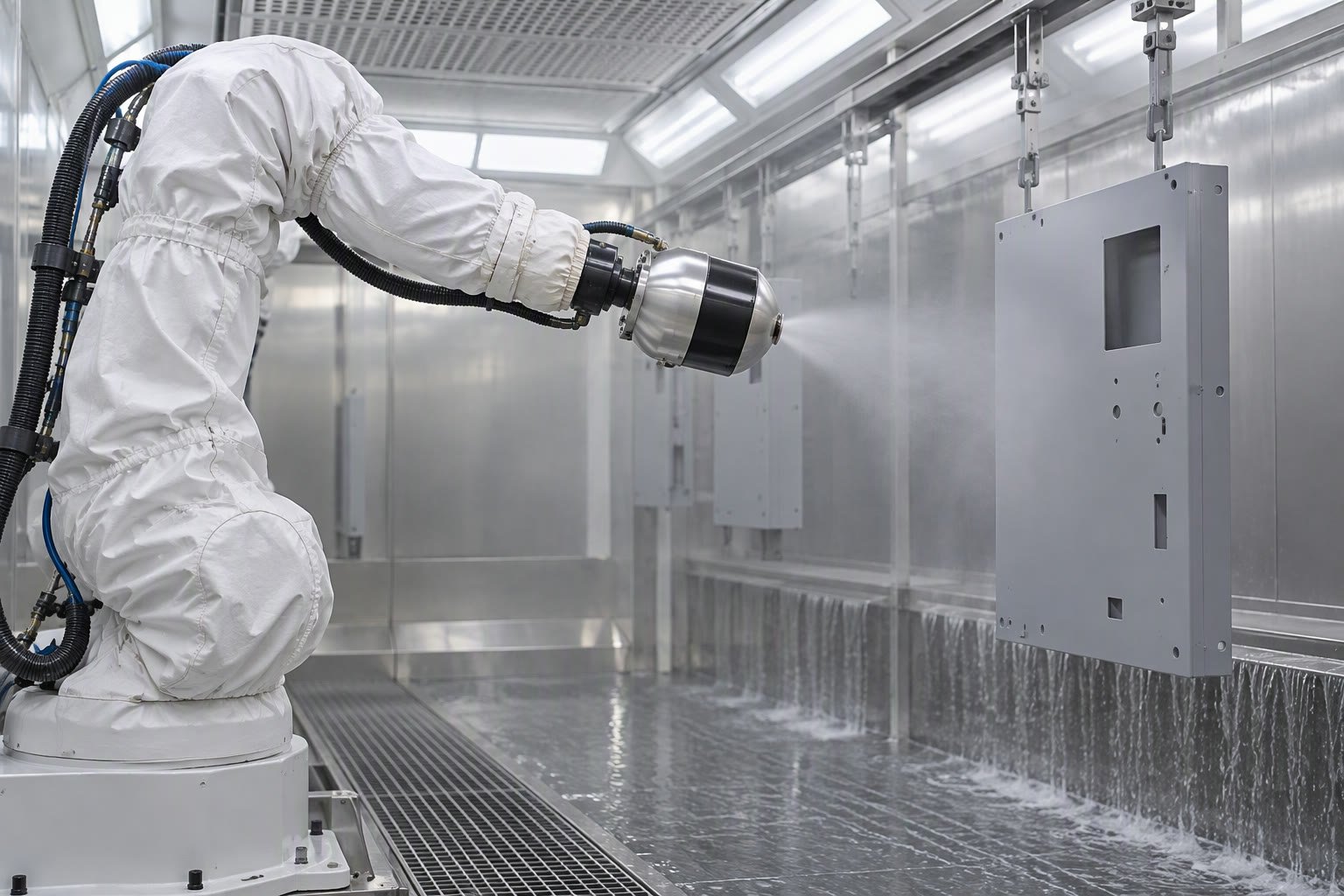 Explosion-proof painting robot spraying a panel inside a spray booth