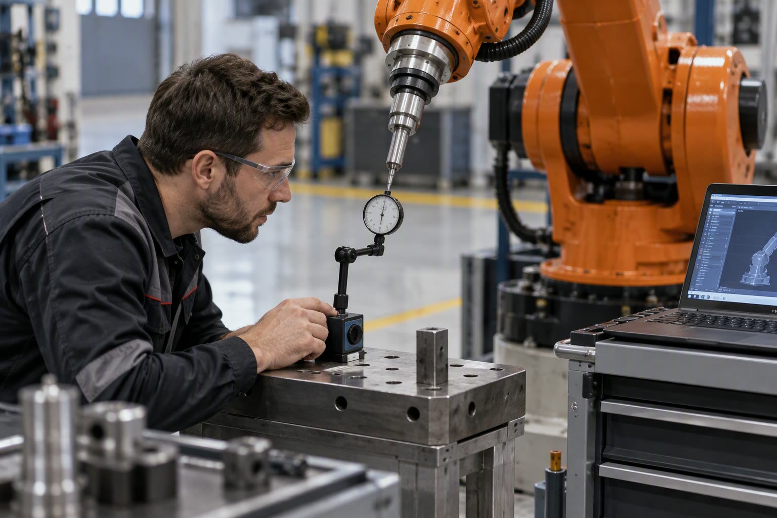 Dial indicator measuring repeatability at the tool centre point of a robot arm