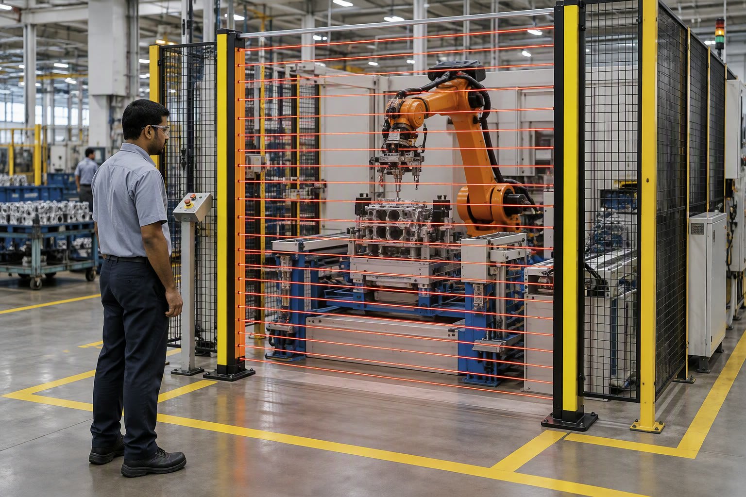 Robot cell opening protected by a vertical safety light curtain in a factory
