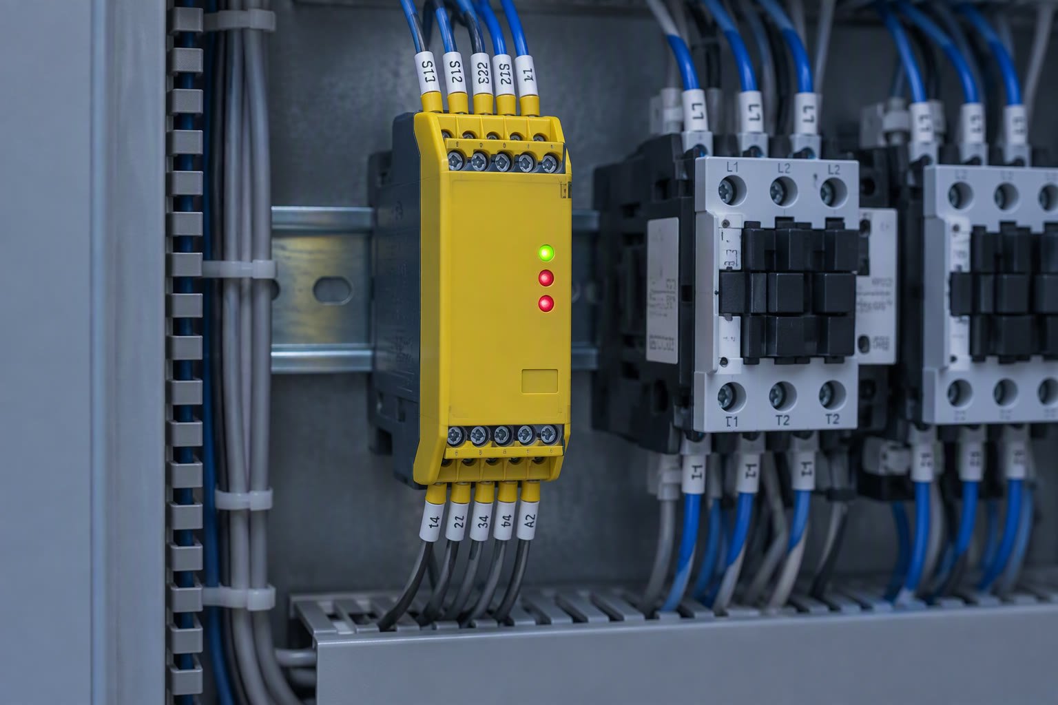 Safety relay module and wiring terminals inside a robot control panel