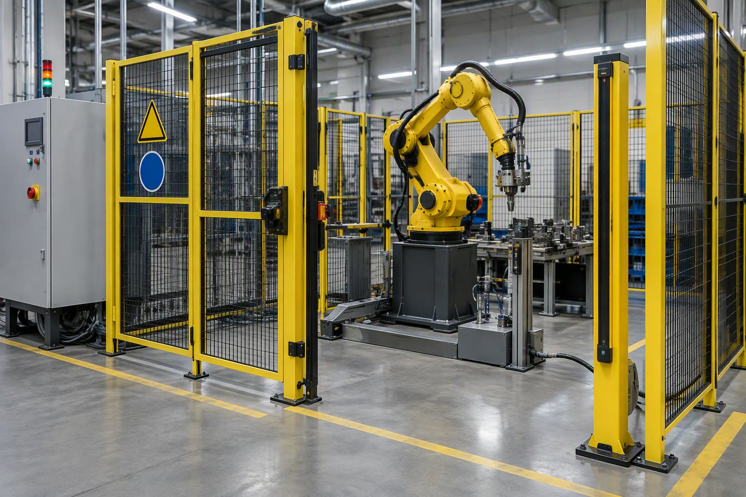 Robot cell with safety fencing, light curtain and emergency stop