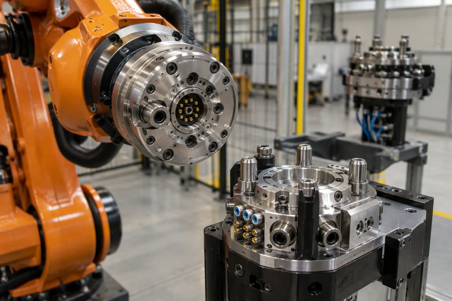 Robot tool changer coupling with locating pins and air ports on a wrist
