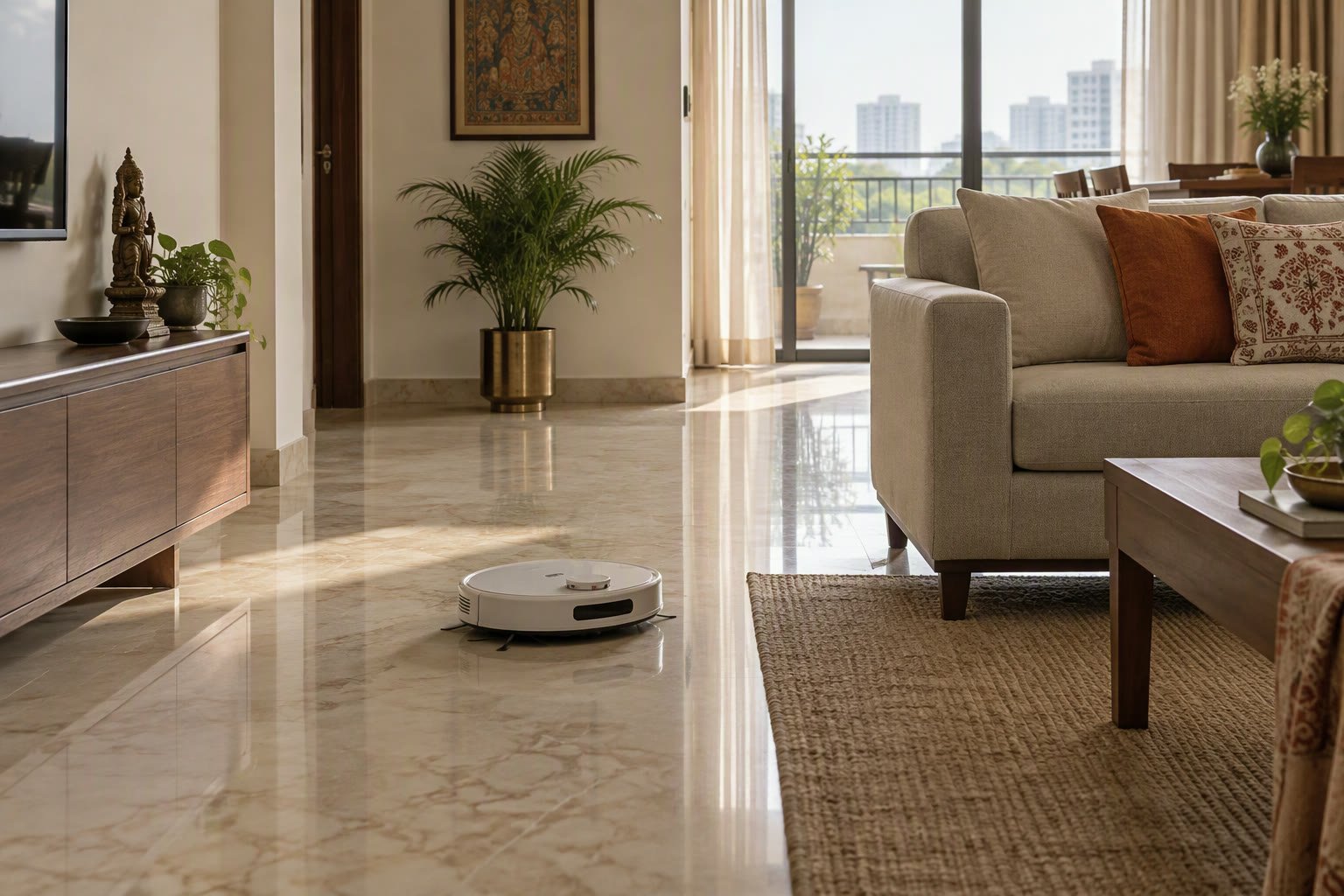 White robot vacuum cleaning a marble floor in an Indian apartment living room