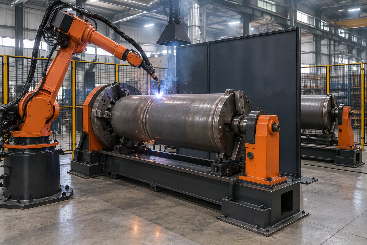 Welding robot joining a drum held on a two-station servo positioner